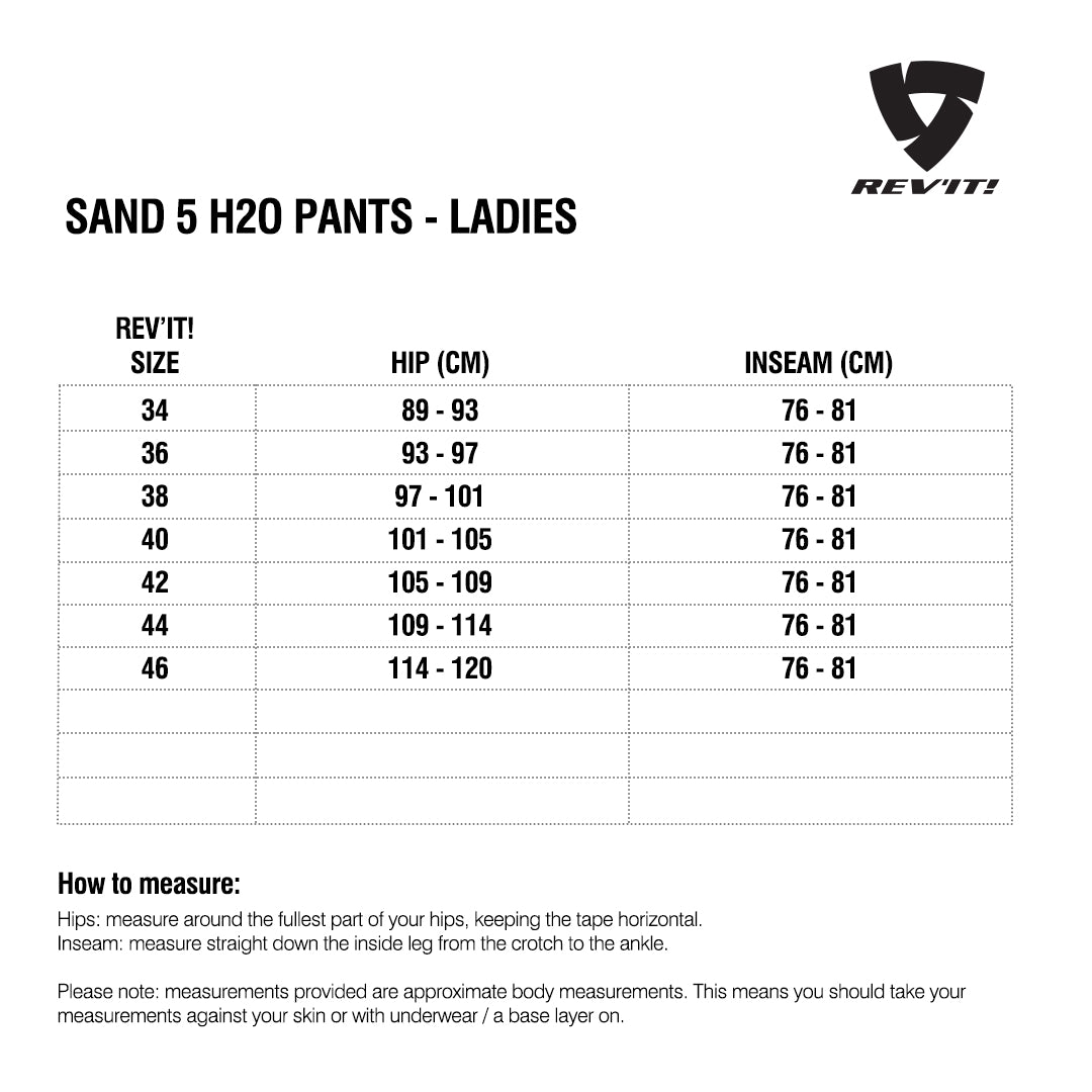 Size chart for REVIT Sand 5 H2O Ladies Pants