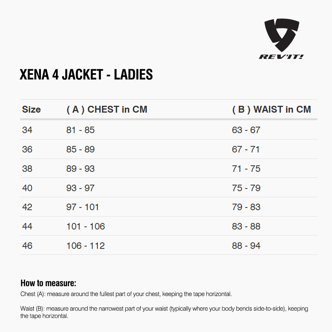 Size chart for REVIT Xena 4 Jacket - Ladies