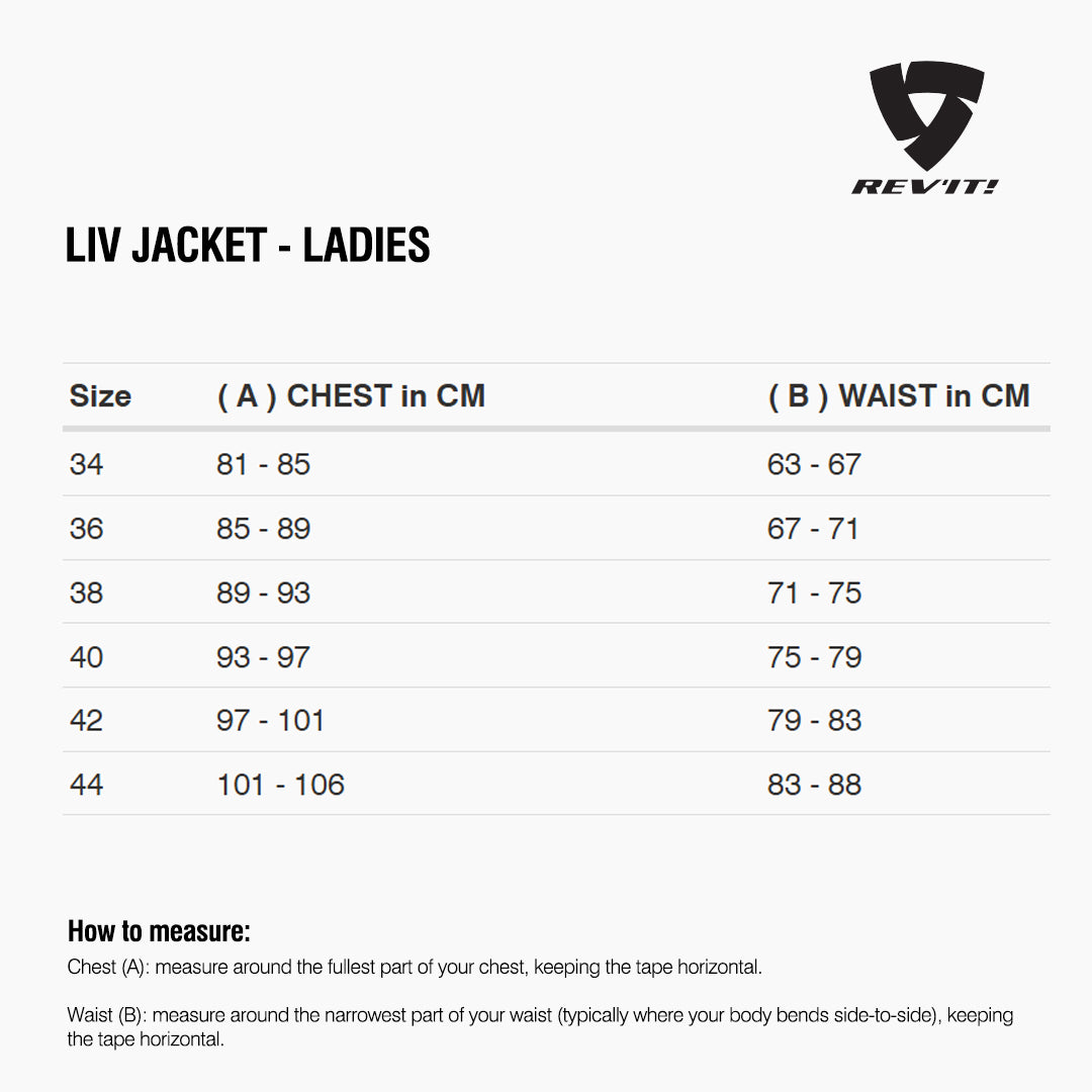 Size chart for REVIT Liv Jacket - Ladies