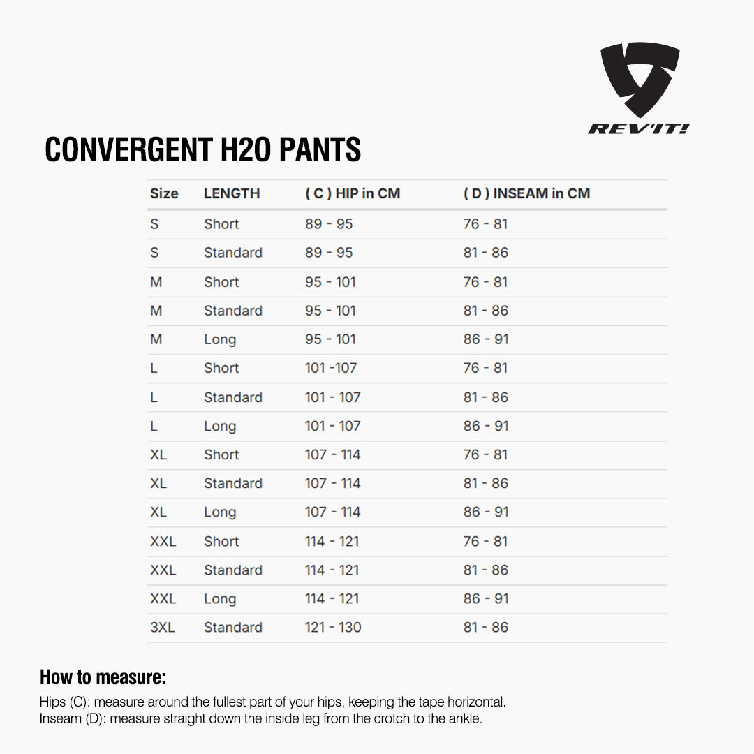 Size chart for REVIT Convergent H2O Pants