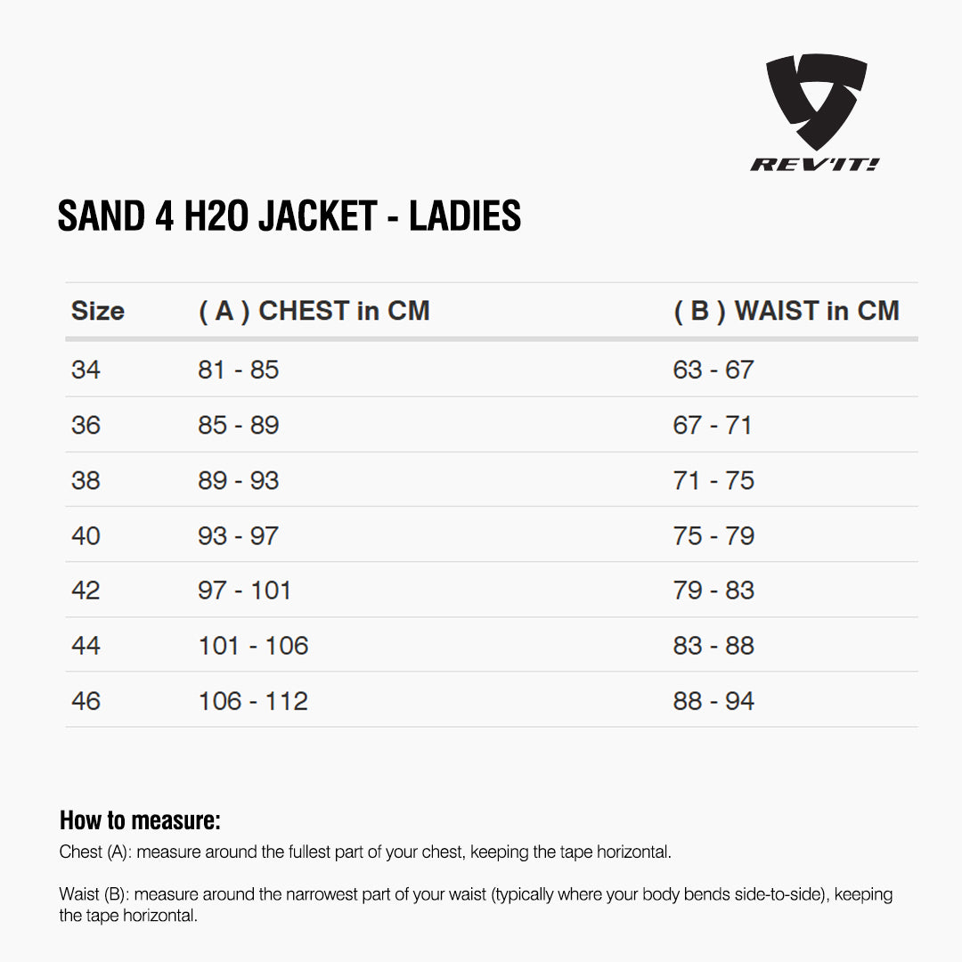 Size chart for REVIT Sand 4 H2O Jacket - Ladies