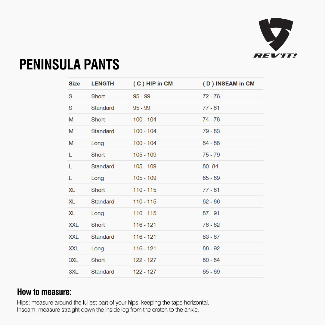Size chart for REVIT Peninsula Pants