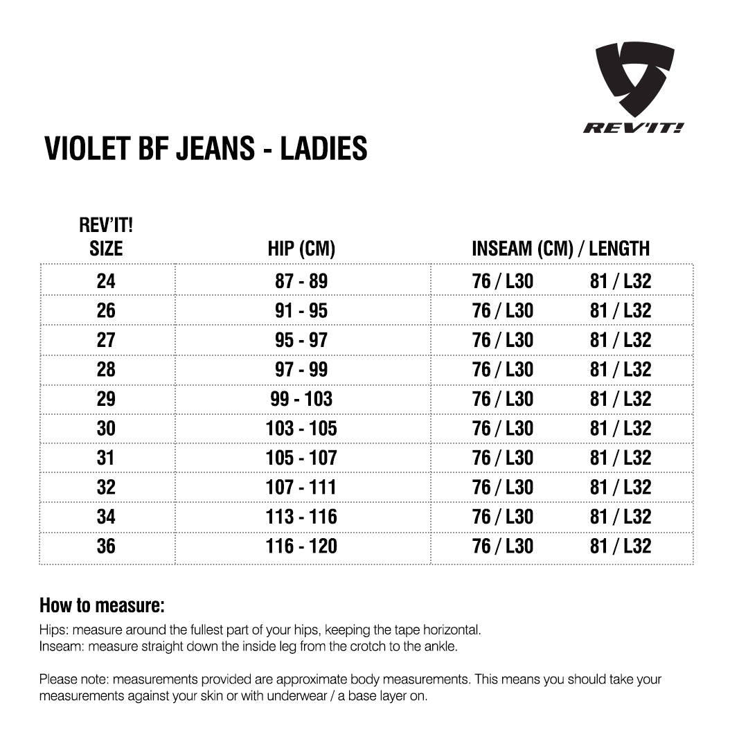 Size chart for REVIT Violet BF Ladies Jeans