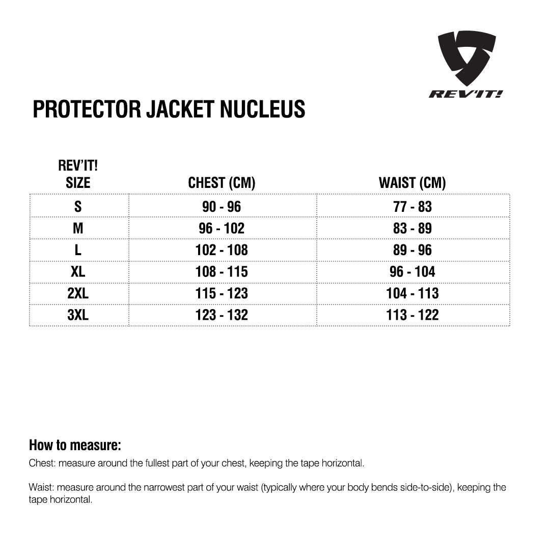 Size chart for REVIT Protector Jacket Nucleus