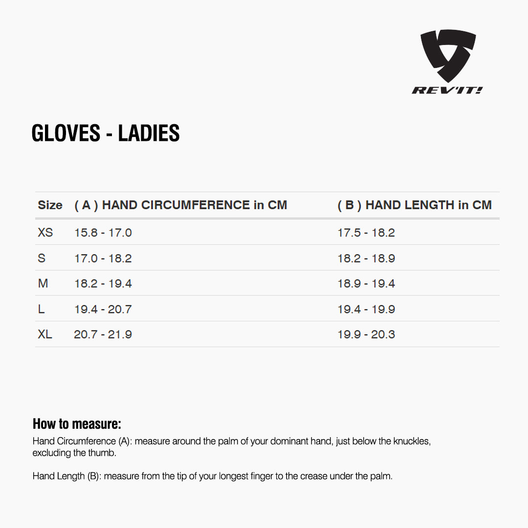 Size chart for REVIT Gloves - Ladies