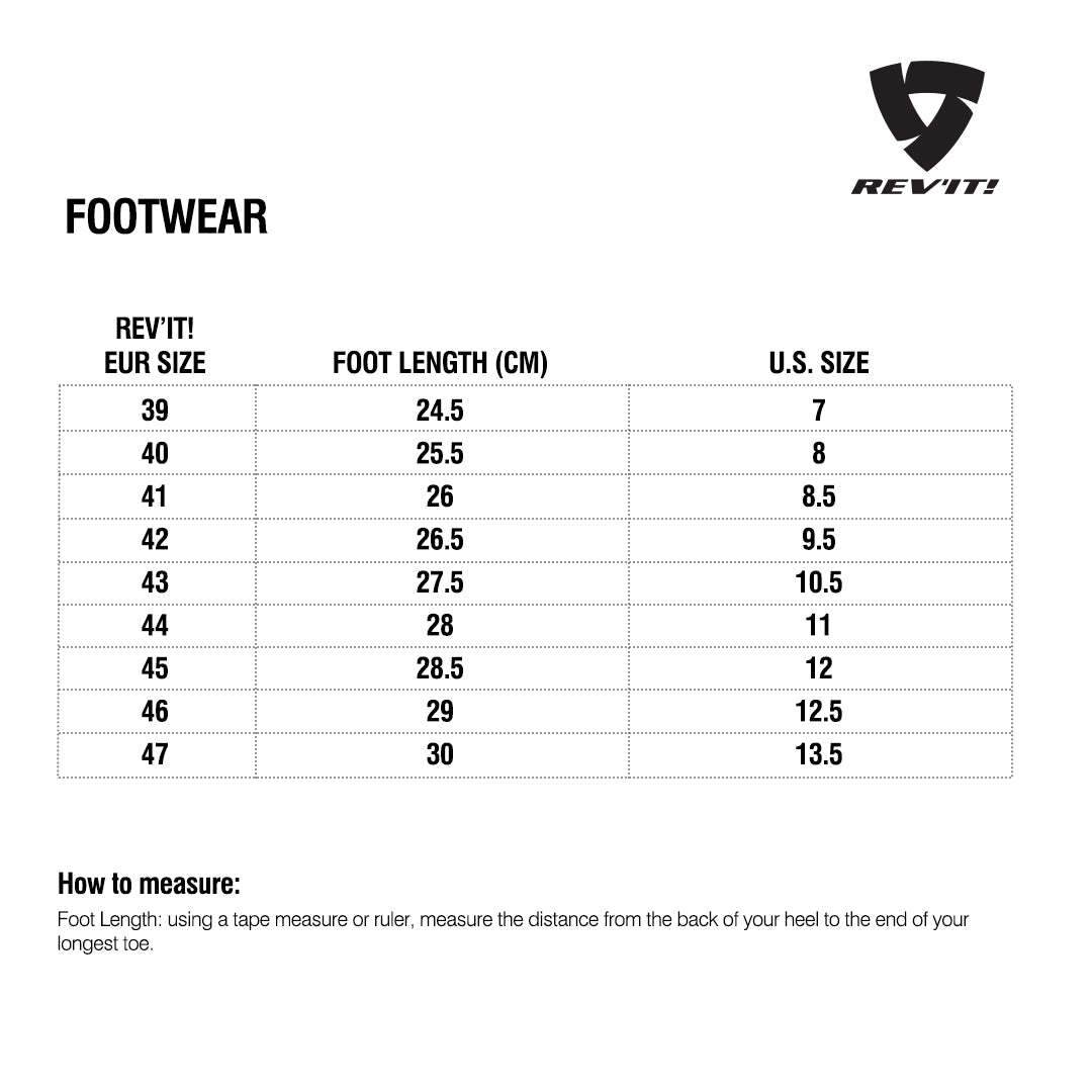 Size chart for REVIT Footwear