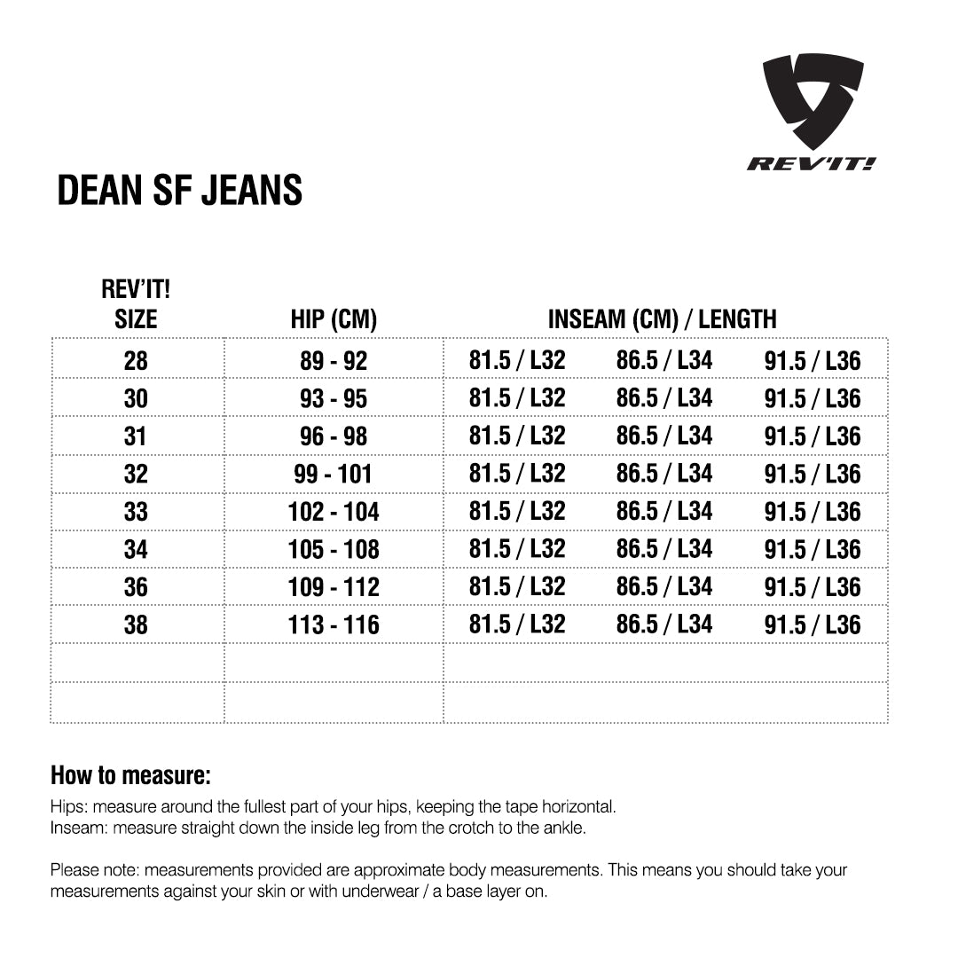Size chart for REVIT Dean SF Jeans - Mens