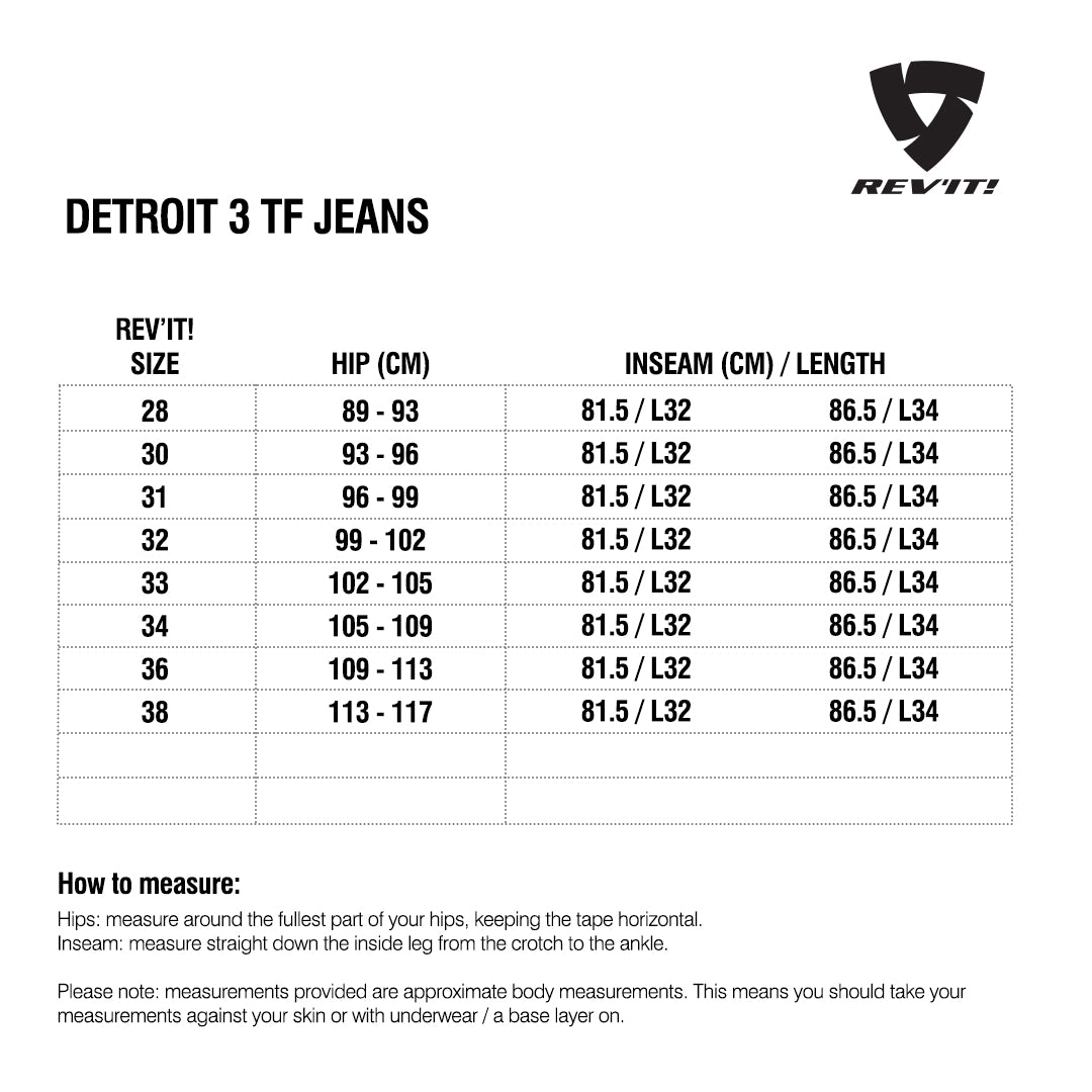 Size chart for REVIT Detroit 3 TF Jeans - Mens