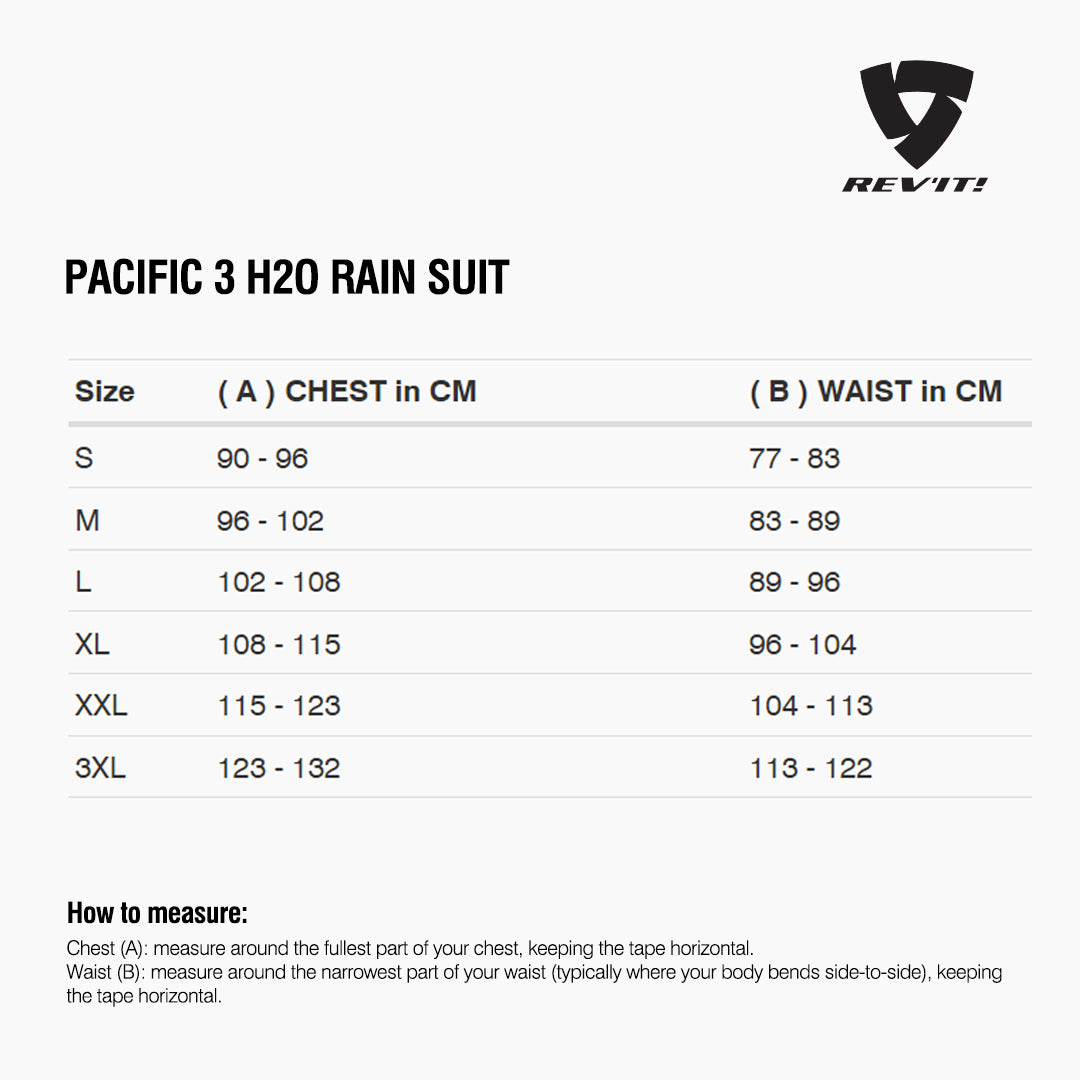 Size chart for REVIT Pacific 3 H2O Rainsuit