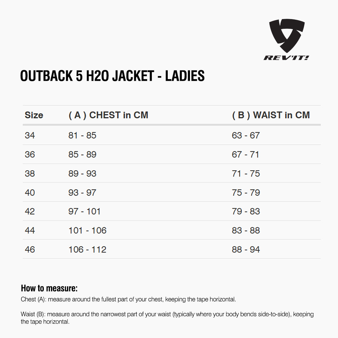 Size chart for REVIT Outback 5 H2O Jacket - Ladies